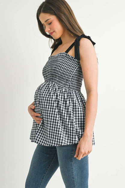 Gingham Smocked Tie-Strap Maternity Tank Top