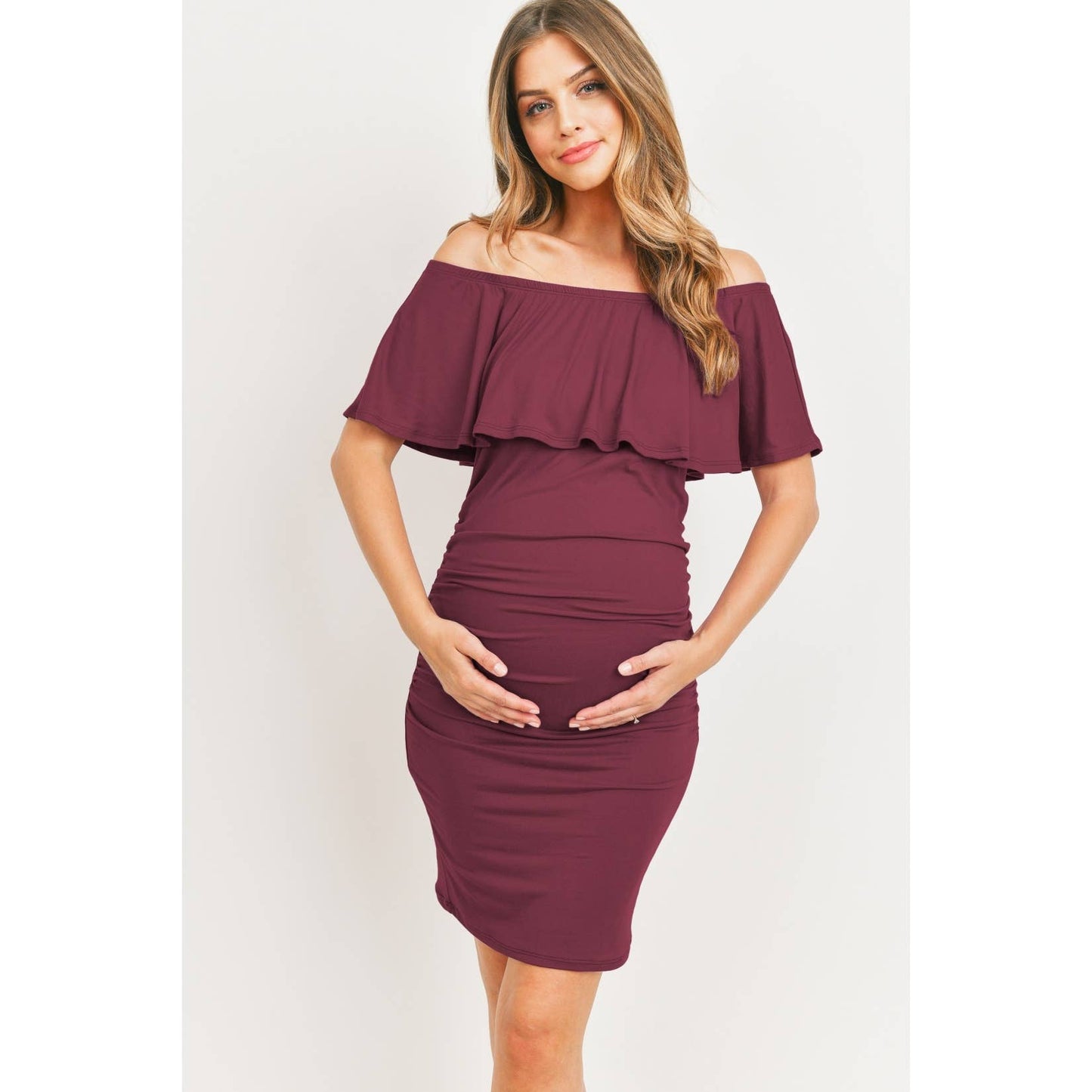 Mini Ruffle Off Shoulder Ruched Maternity Dress