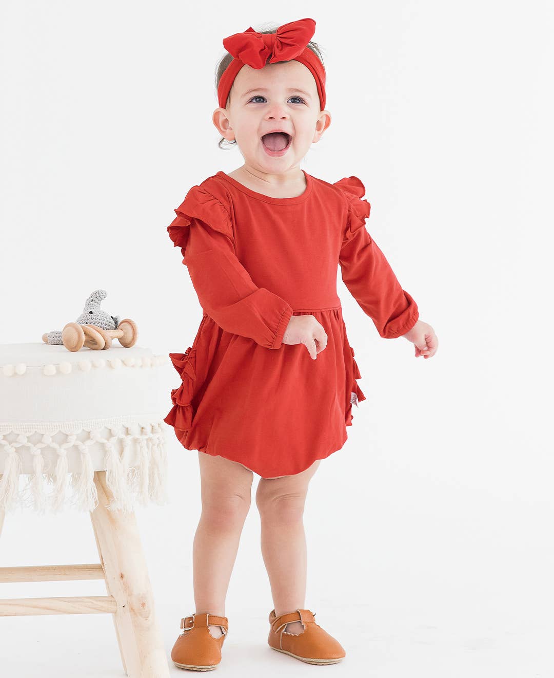 Red Knit Long Sleeve Flutter Bubble Romper