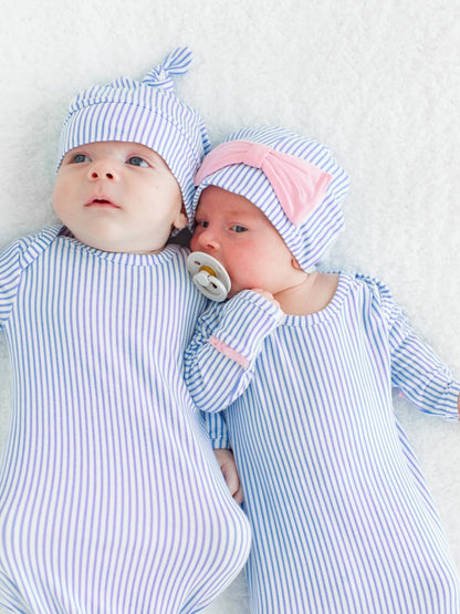 Periwinkle & White Bamboo Knotted Gown & Hat Set