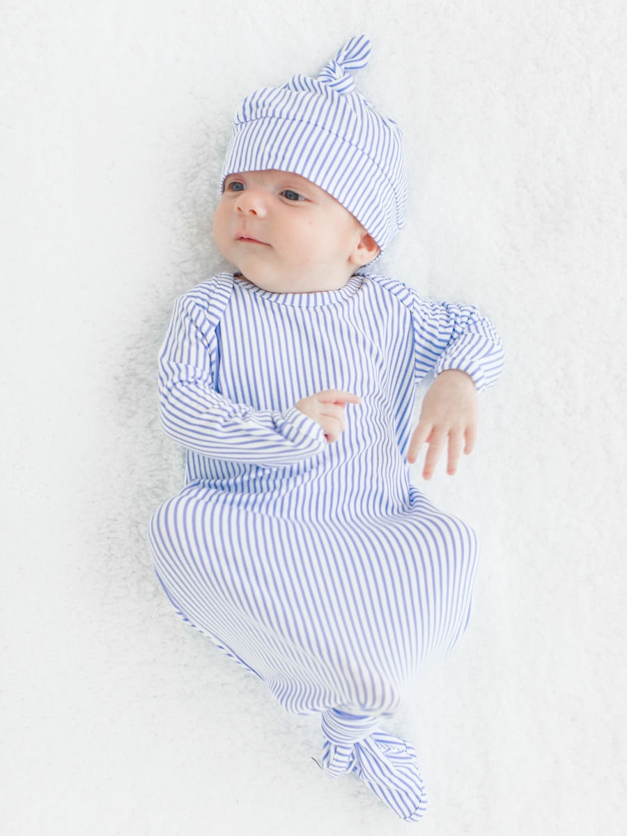 Periwinkle & White Bamboo Knotted Gown & Hat Set