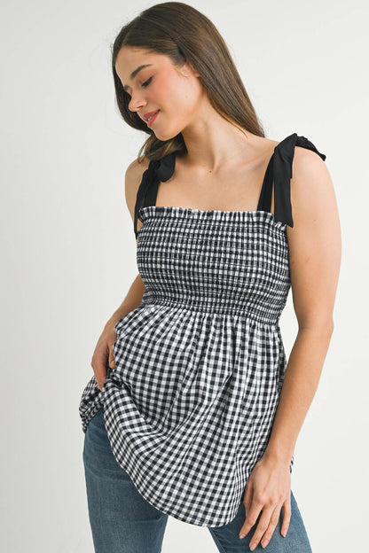 Gingham Smocked Tie-Strap Maternity Tank Top