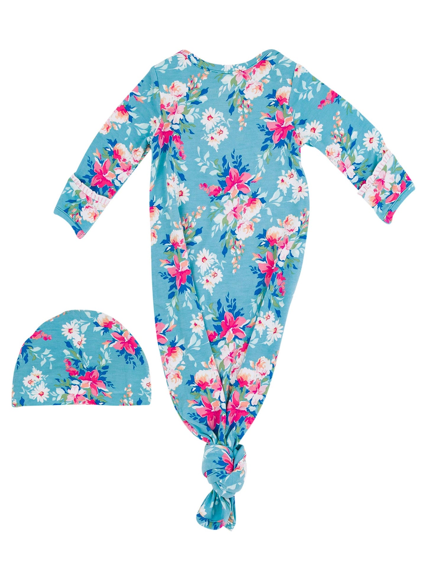 Fancy Me Floral Bamboo Knotted Ruffle Gown & Hat Set