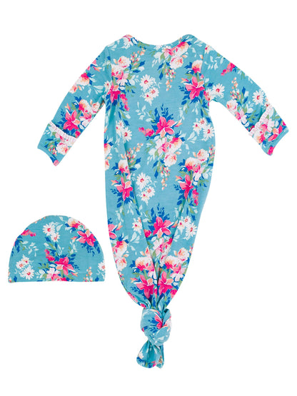 Fancy Me Floral Bamboo Knotted Ruffle Gown & Hat Set