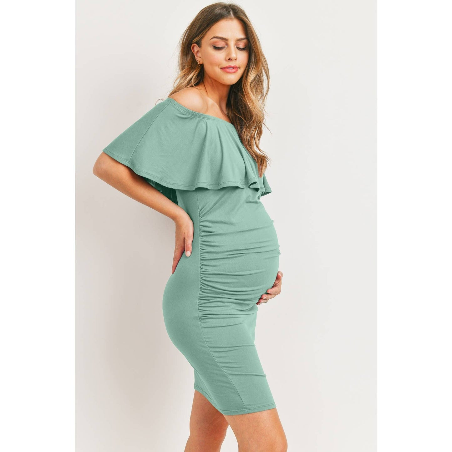 Mini Ruffle Off Shoulder Ruched Maternity Dress