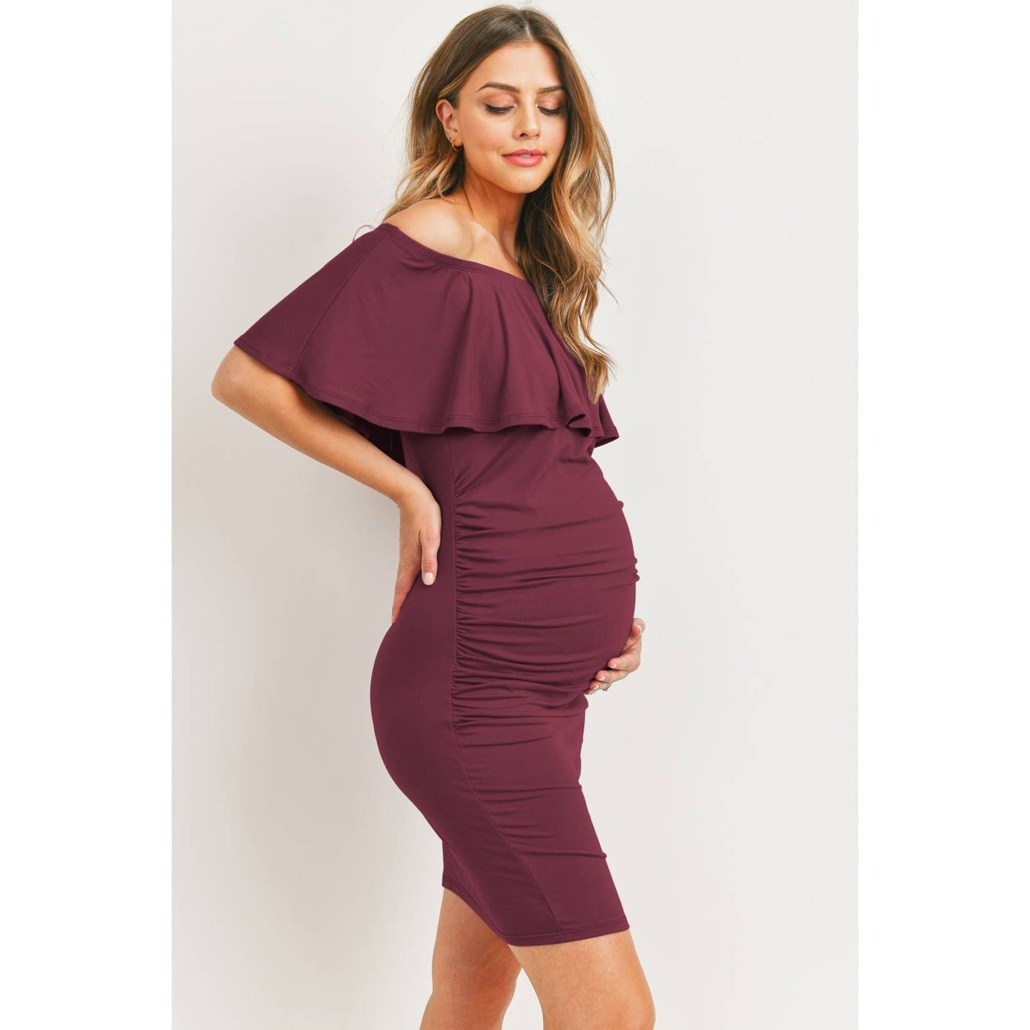 Mini Ruffle Off Shoulder Ruched Maternity Dress