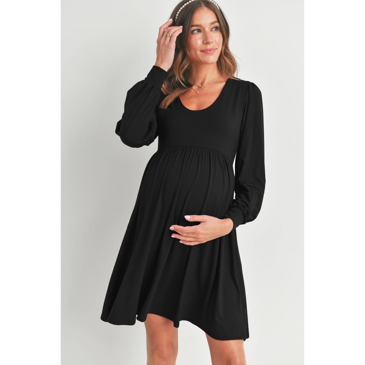 U Neck Puff Sleeve Maternity Dress with Pockets