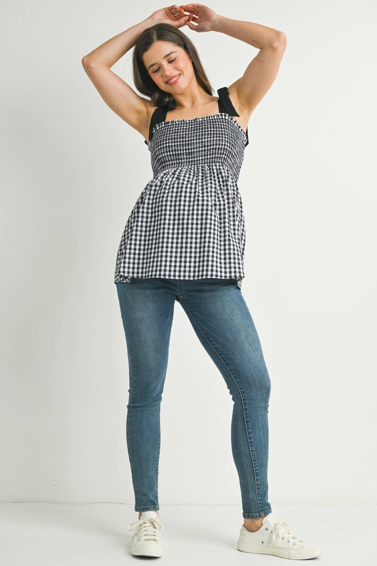 Gingham Smocked Tie-Strap Maternity Tank Top