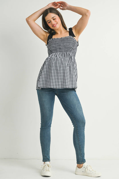 Gingham Smocked Tie-Strap Maternity Tank Top