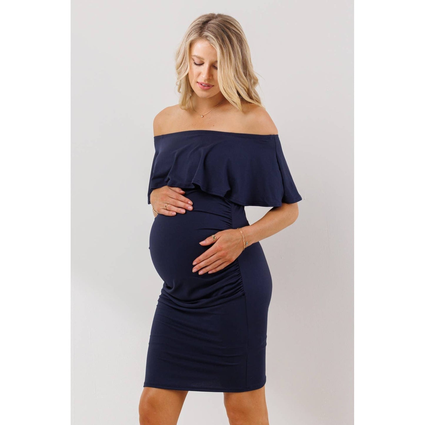 Mini Ruffle Off Shoulder Ruched Maternity Dress