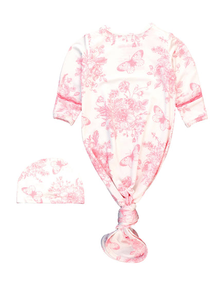 Pink Butterfly Garden Toile Bamboo Knotted Gown & Hat Set