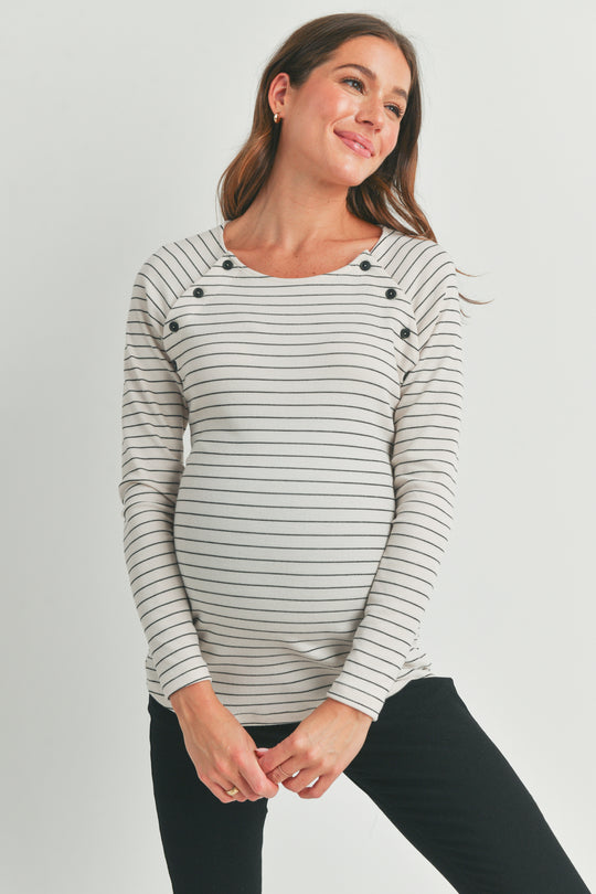 Striped Round Neck Nursing Top with Button Details