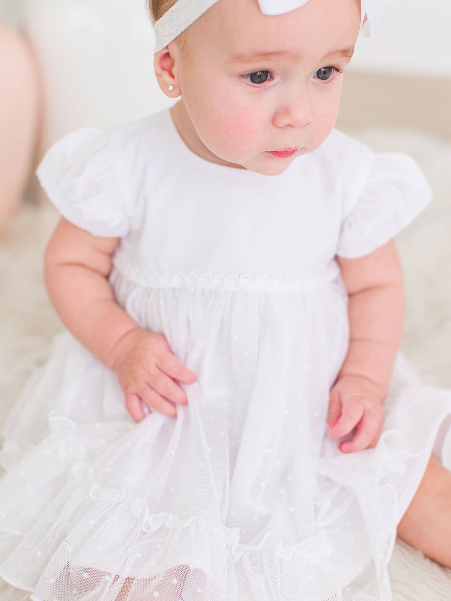 Baby Girls White Dotted Tulle Dress & RuffleButt Set