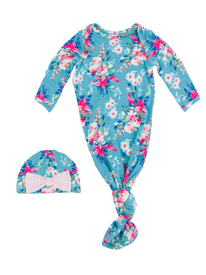 Fancy Me Floral Bamboo Knotted Ruffle Gown & Hat Set