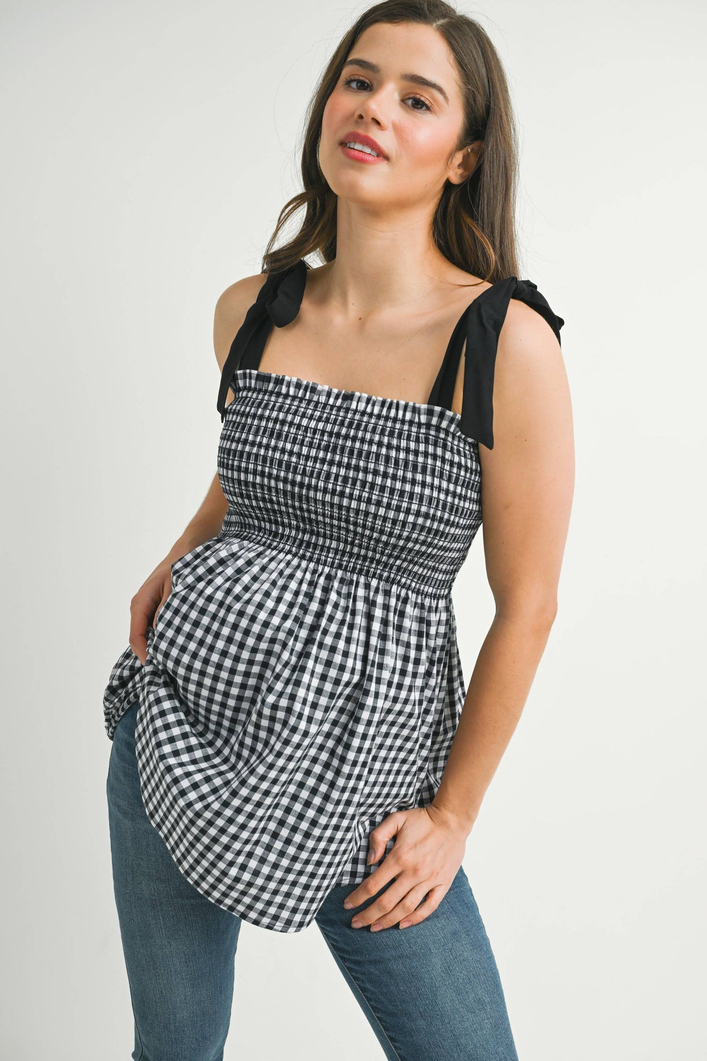 Gingham Smocked Tie-Strap Maternity Tank Top