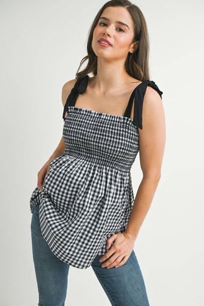 Gingham Smocked Tie-Strap Maternity Tank Top