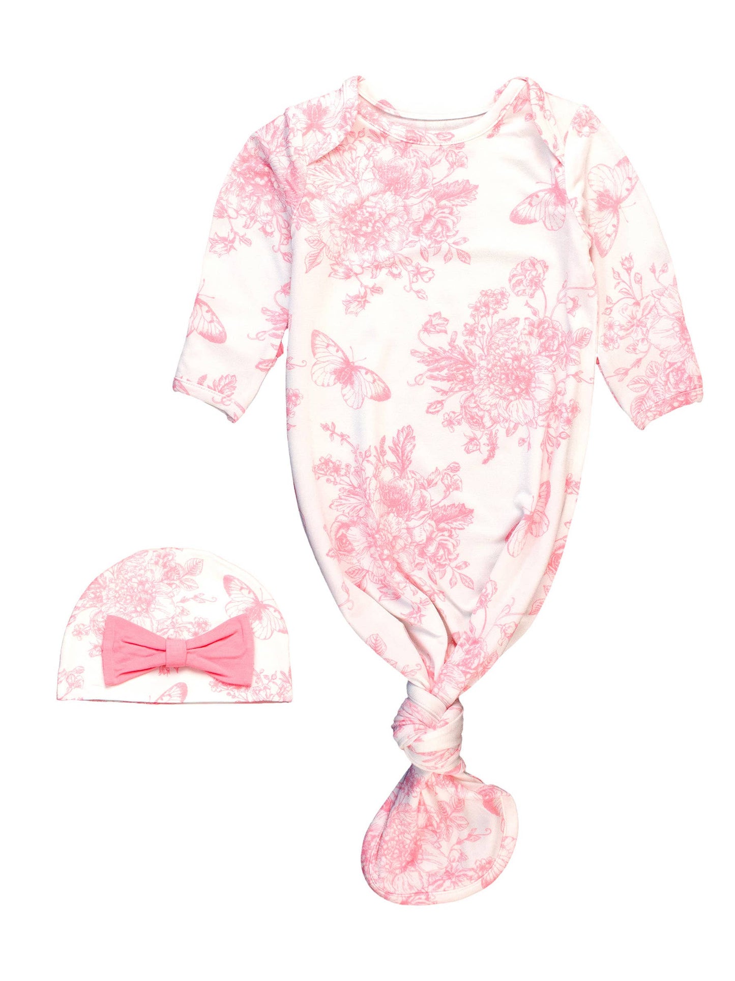 Pink Butterfly Garden Toile Bamboo Knotted Gown & Hat Set