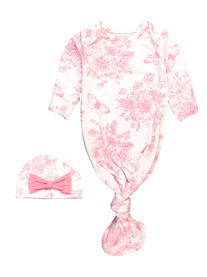 Pink Butterfly Garden Toile Bamboo Knotted Gown & Hat Set