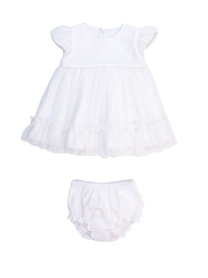 Baby Girls White Dotted Tulle Dress & RuffleButt Set