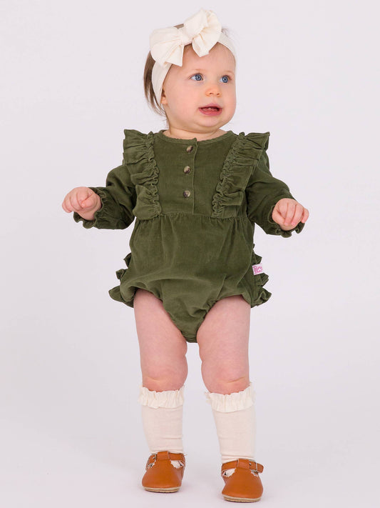 Olive Corduroy Waterfall Bubble Romper