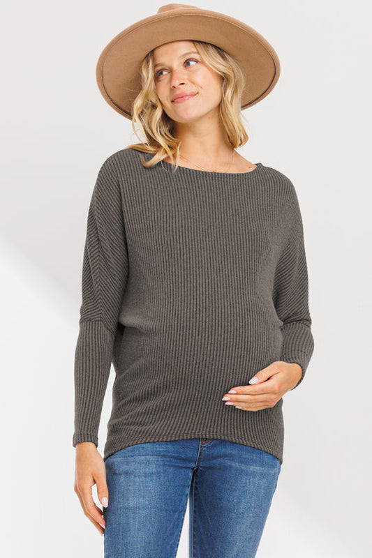 Rib Knit Boat Neck Dropped Shoulder Long Sleeve Maternity Top