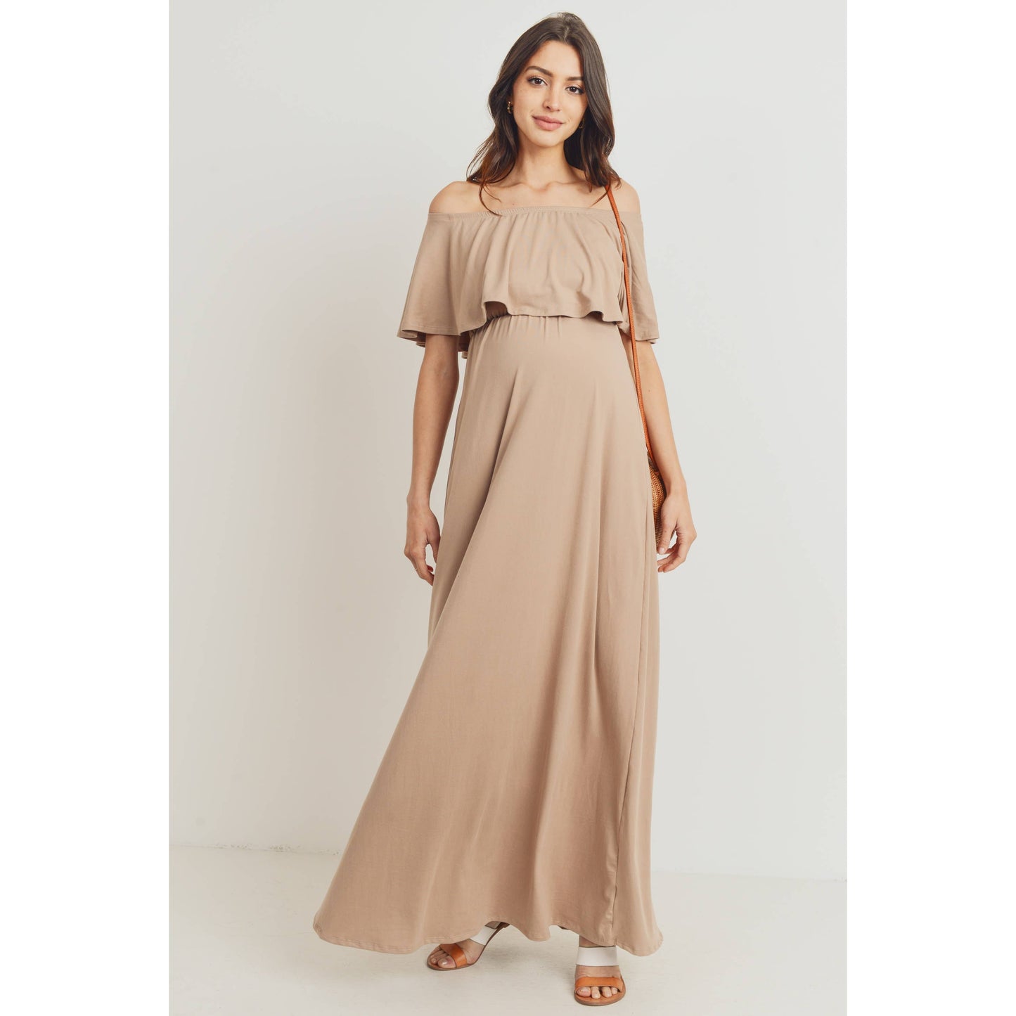 Ruffle Off Shoulder Solid Maternity Dress