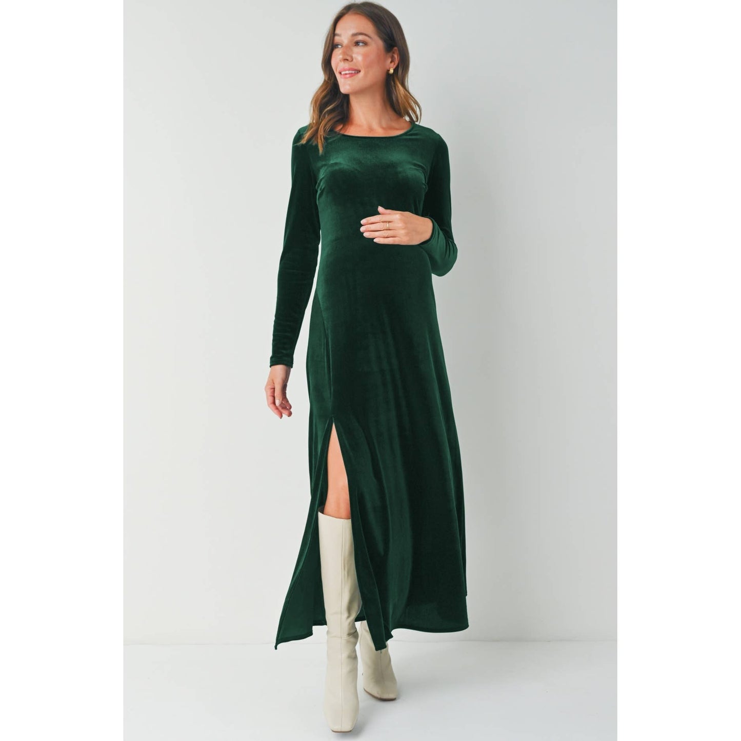 Velvet Round Neck Side Slit Maternity Dress