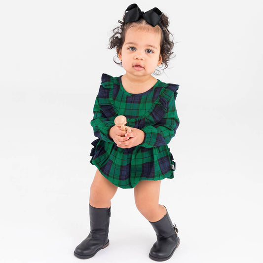 Hunter Plaid Flannel Long Sleeve Ruffle Trim Bubble Romper