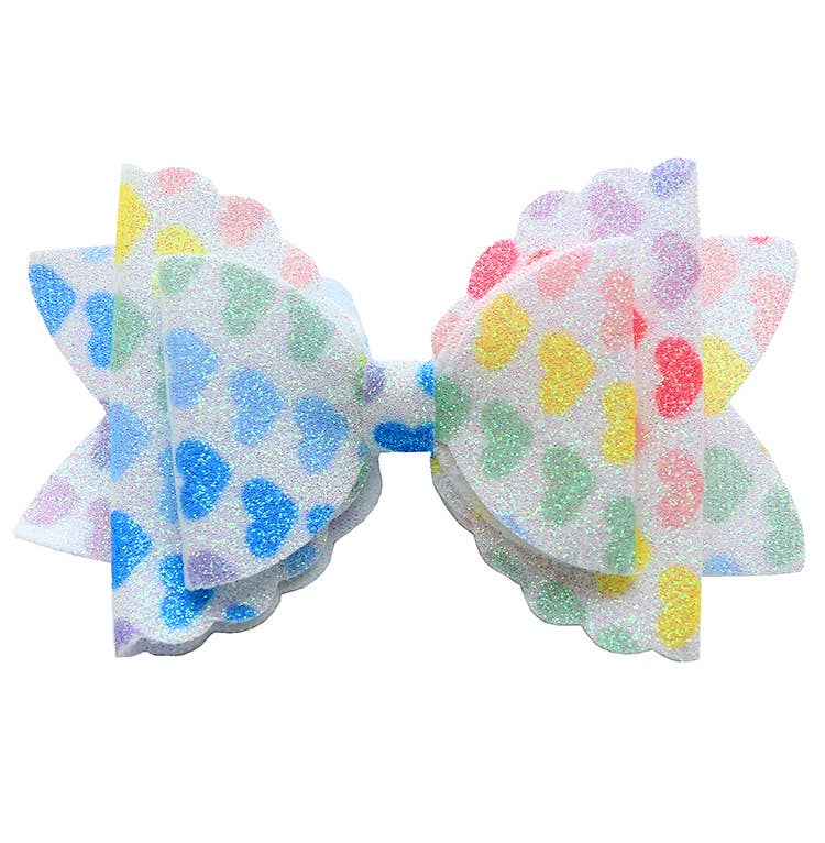 Glitter Bow with Hearts Clip: White