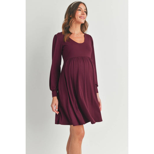 U Neck Puff Sleeve Maternity Dress with Pockets