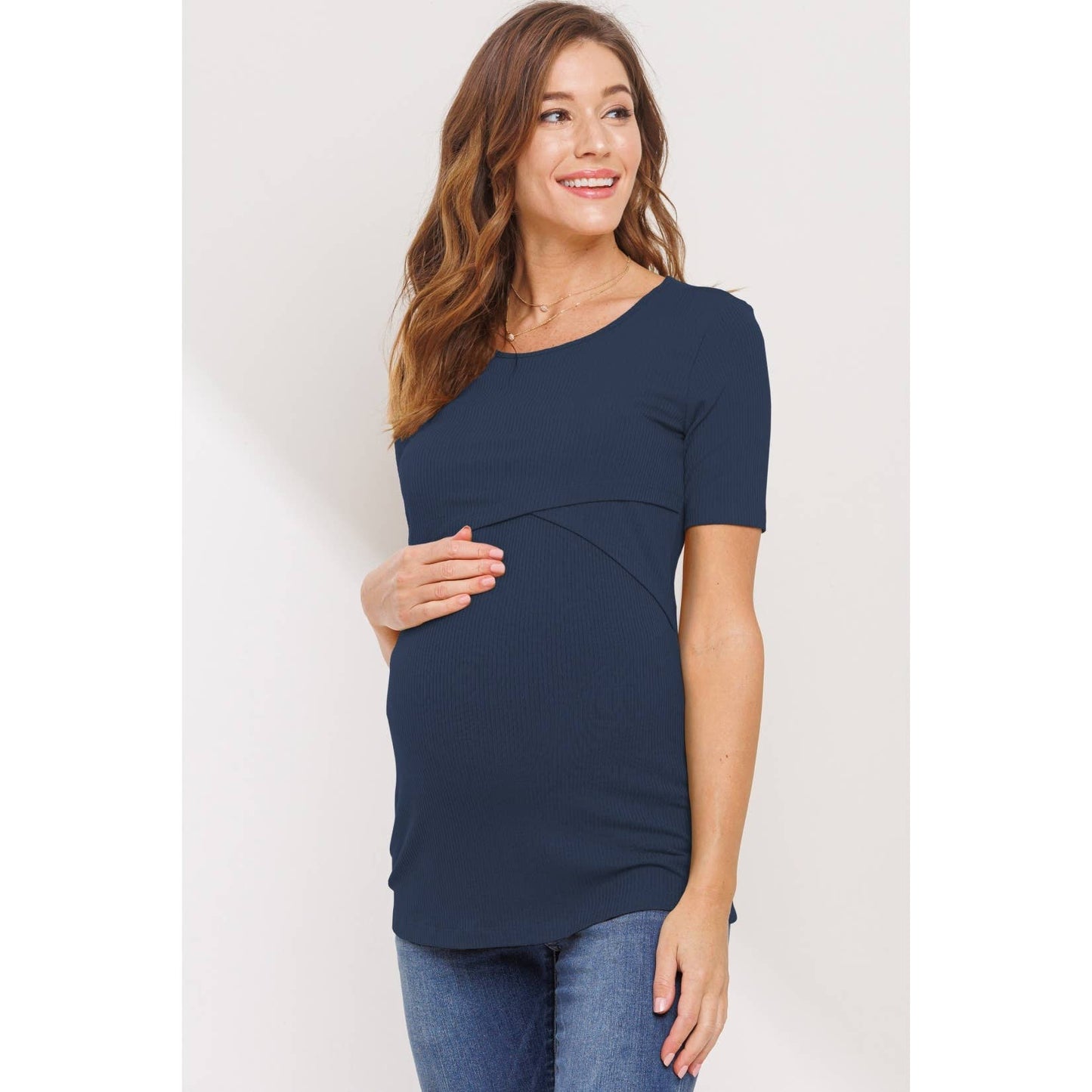 Ribbed Double Layered Bust Nursing Top / Navy