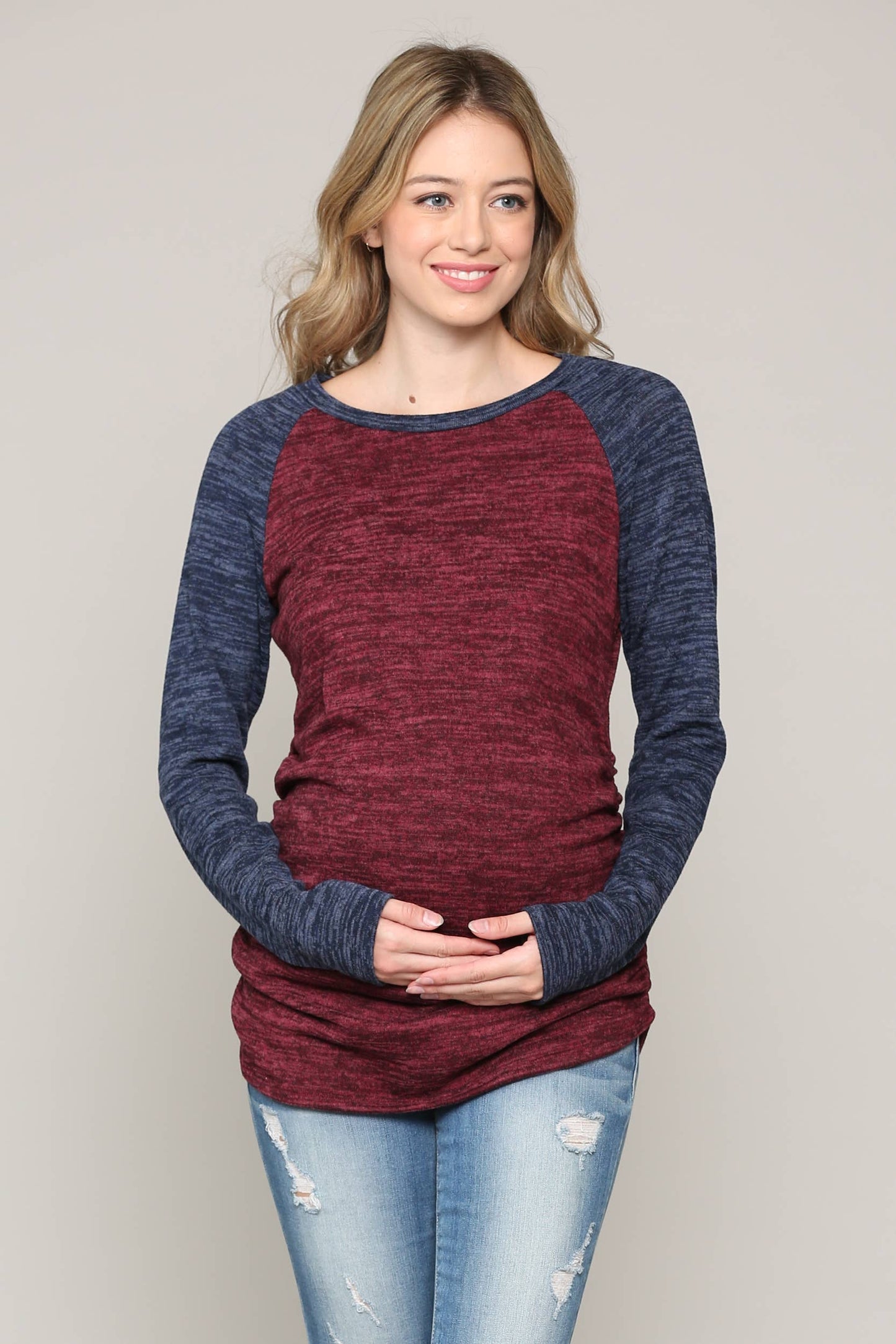 COLOR BLOCK Sweater Knit Maternity Top / Burgandy and Navy