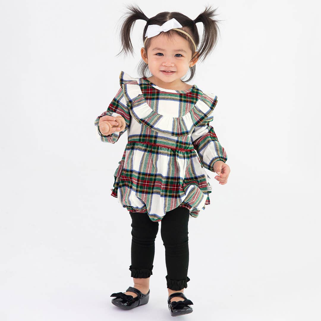 Good Tidings Plaid Long Sleeve Ruffle Trim Bubble Romper